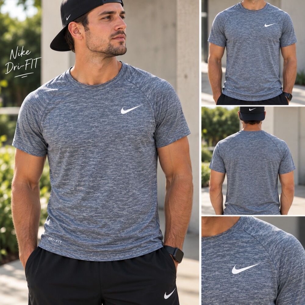 Nike Dri-FIT Men’s Blue Heather Athletic Shirt, Swoosh Workout Running Top